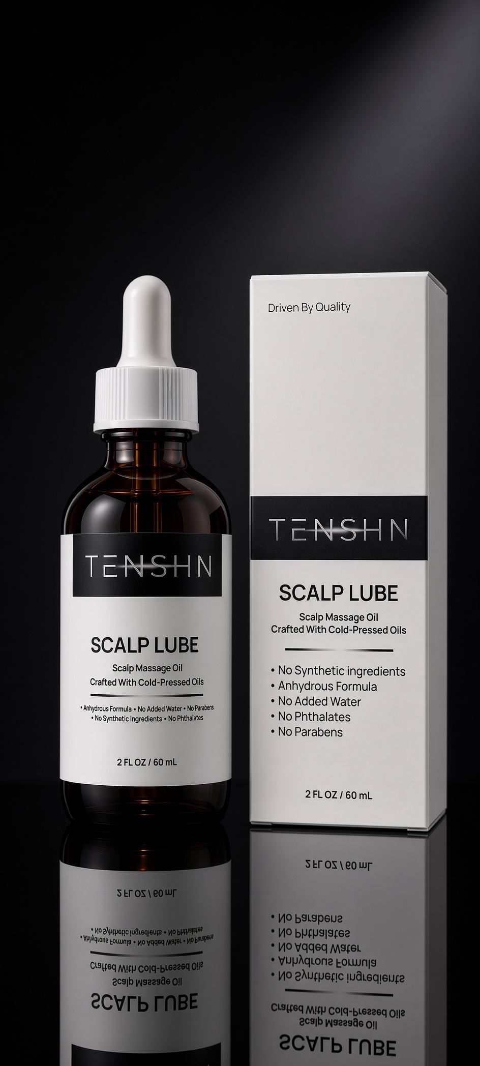 TENSHN Scalp Lube — cold-pressed scalp massage oil in glass dropper bottle and box
